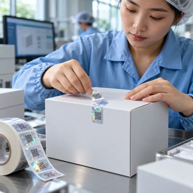 包装贴附防伪标签与标签卷材的AI场景示意